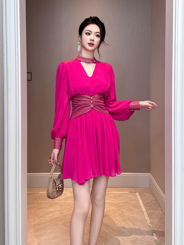 Summer Clothing New Look - 여성 브이넥 플리츠 쉬폰 비대칭 원피스,