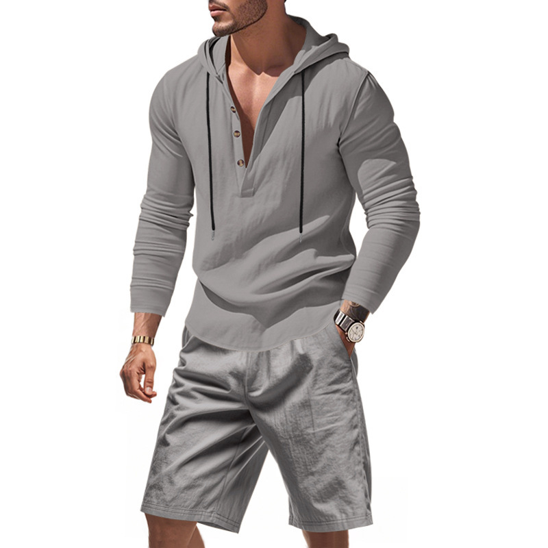 Linen Shorts Men - 남성 린넨 투피스 세트 후드 긴팔