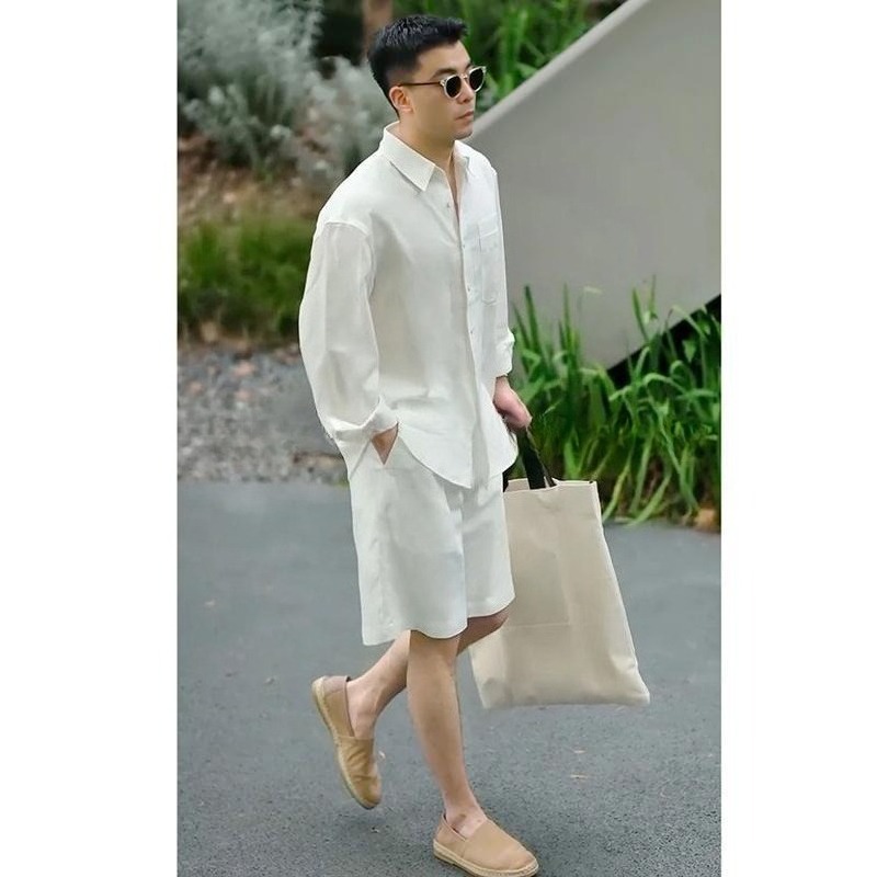 Linen Shorts Men - 여름 캐주얼 세트 라이오셀 린넨 셔츠와