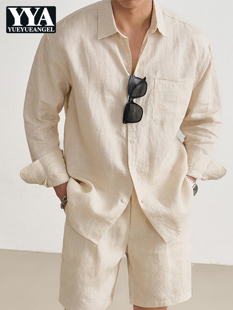 Linen Shorts Men - 여름 남성용 100% 린넨 긴팔 셔츠