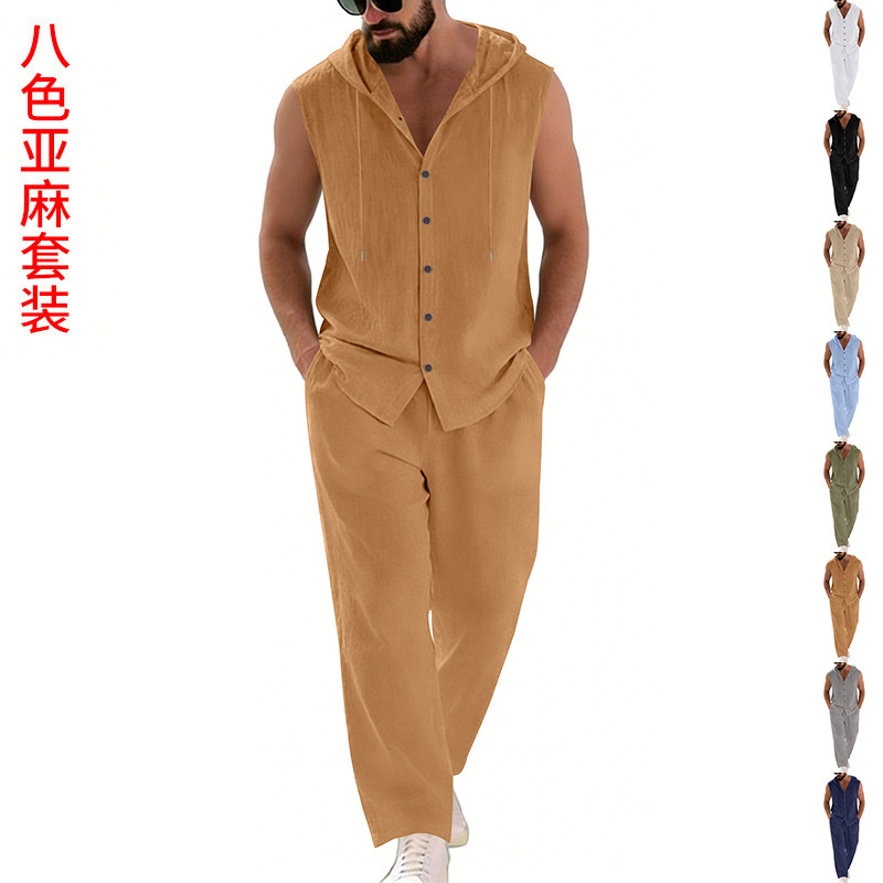 Summer Clothing Sets - 남성 캐주얼 린넨 수트 후드 스웨터