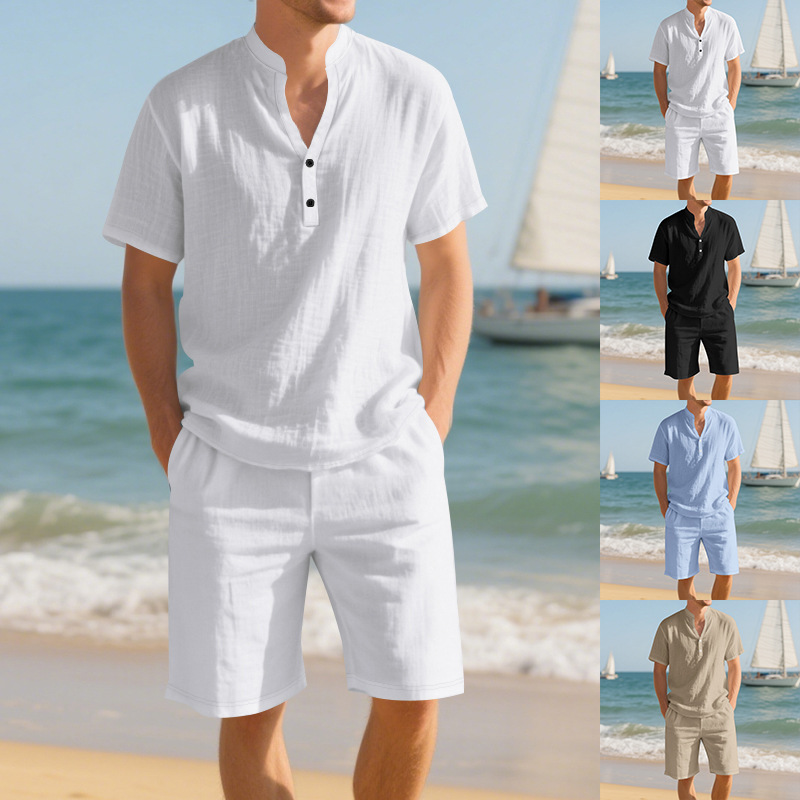Linen Shorts Men - 여름 루즈핏 린넨 남성 헨리넥 셔츠