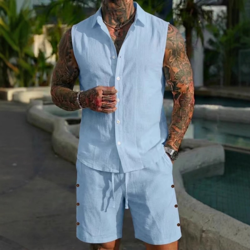 남성용 2피스 린넨 텍스처 민소매 반바지 세트, 버튼다 - Linen Shorts Men 리뷰 및 가격
