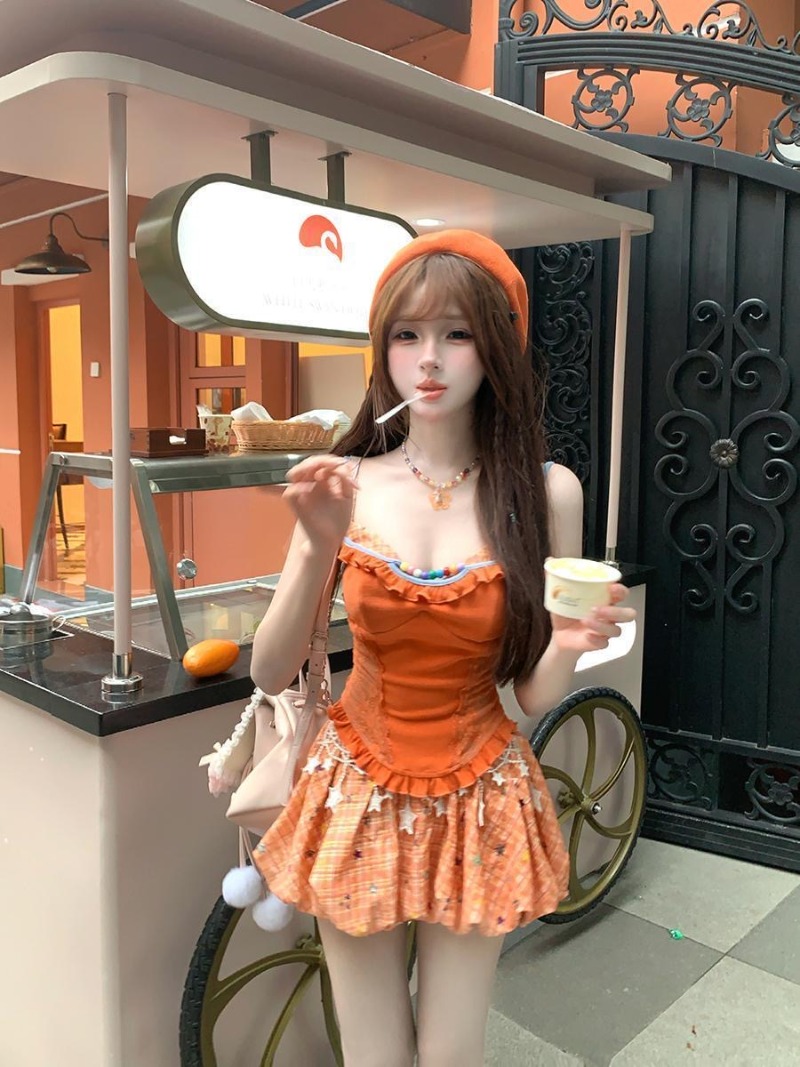 여름 신상 오렌지 도파민 스위트 스파이시 걸 레이스 캐 - Summer Clothing For Girls 리뷰 및 가격
