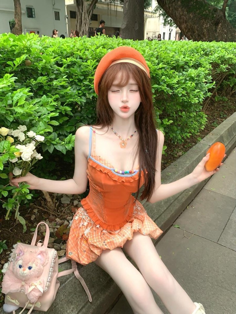 여름 신상 오렌지 도파민 스위트 스파이시 걸 레이스 캐 - Summer Clothing For Girls 리뷰 및 가격