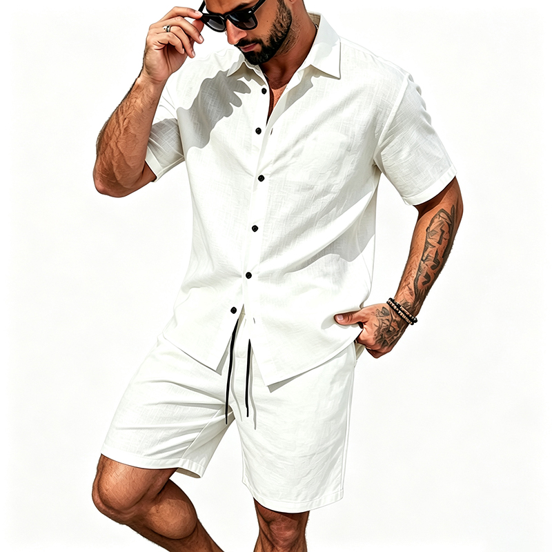 남성 린넨 투피스 세트 반팔 라펠 버튼 셔츠 밴딩 반바 - Summer Clothing Sets 리뷰 및 가격