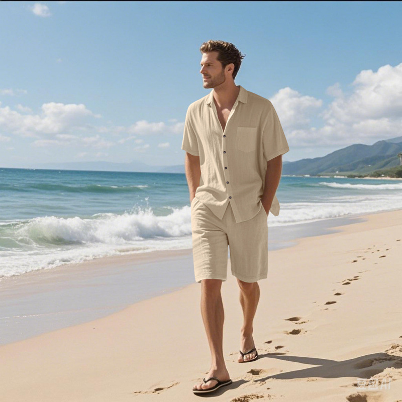 남성 린넨 혼방 캠프 칼라 셔츠 반바지 세트 솔리드 통 - Linen Shorts Men 리뷰 및 가격