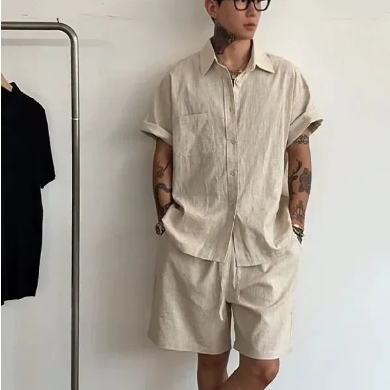 남성 린넨 코튼 투피스 세트 루즈핏 반팔 셔츠와 반바지 - Linen Shorts Men 리뷰 및 가격