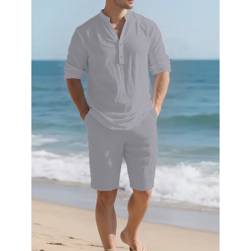 남성용 화이트 린넨 혼방 투피스 세트 헨리넥 긴팔 셔츠 - Linen Shorts Men 리뷰 및 가격