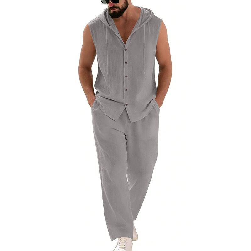 남성 캐주얼 린넨 수트 후드 스웨터 및 바지 세트 단색 - Summer Clothing Sets 리뷰 및 가격