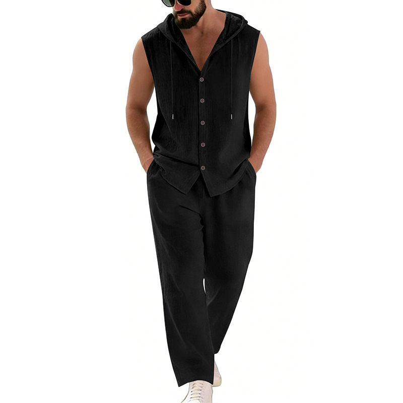 남성 캐주얼 린넨 수트 후드 스웨터 및 바지 세트 단색 - Summer Clothing Sets 리뷰 및 가격