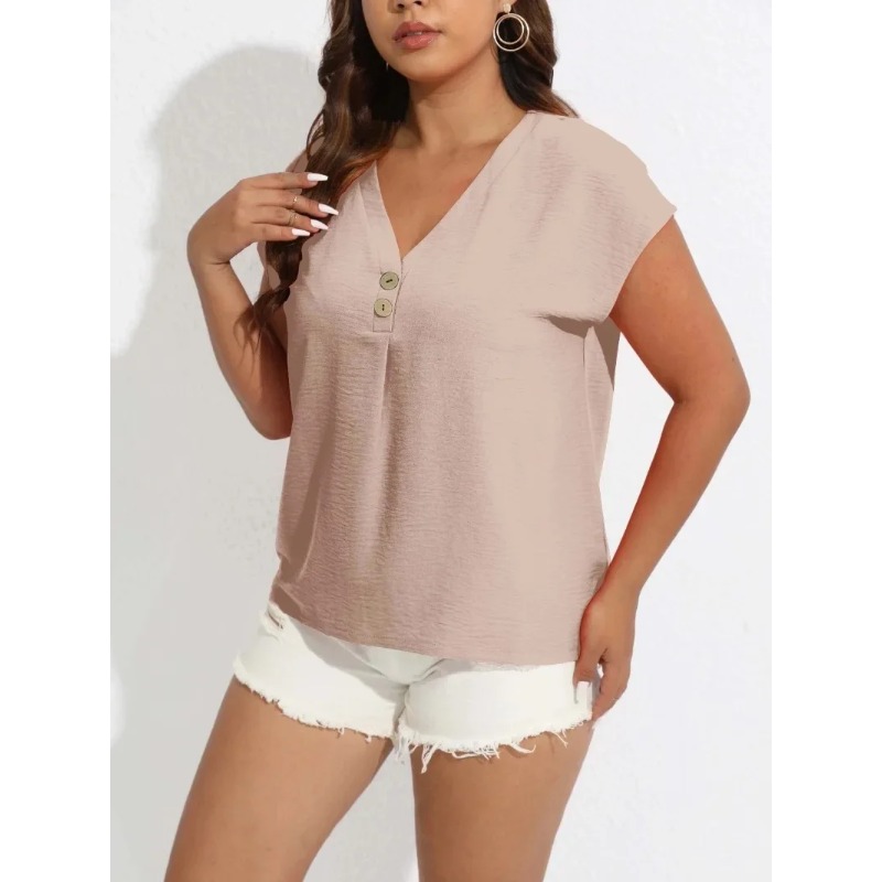 여성용 플러스 사이즈 캐주얼 단색 브이넥 티셔츠, 버튼 - Summer Upf Clothing 리뷰 및 가격