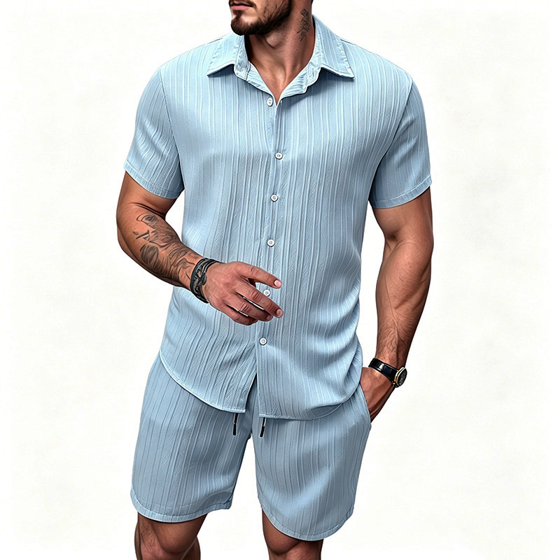 2026 신상 남성 세로 주름 라펠 반팔 셔츠 반바지  - Summer Clothing Sets 리뷰 및 가격