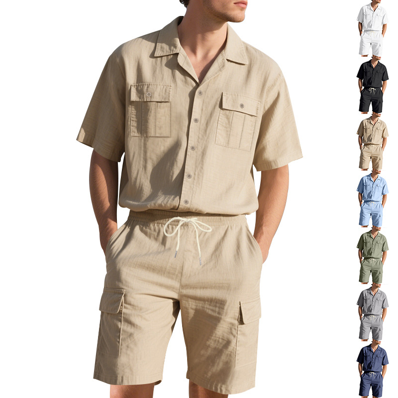 남성 여름 린넨 단색 버튼 포켓 셔츠 반팔 툴링 반바지 - Linen Shorts Men 리뷰 및 가격