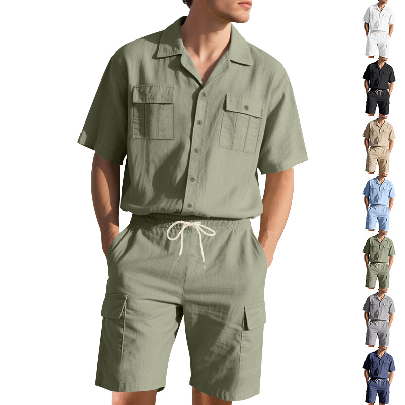 남성 여름 린넨 단색 버튼 포켓 셔츠 반팔 툴링 반바지 - Linen Shorts Men 리뷰 및 가격