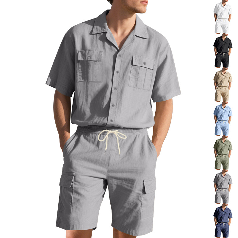 남성 여름 린넨 단색 버튼 포켓 셔츠 반팔 툴링 반바지 - Linen Shorts Men 리뷰 및 가격