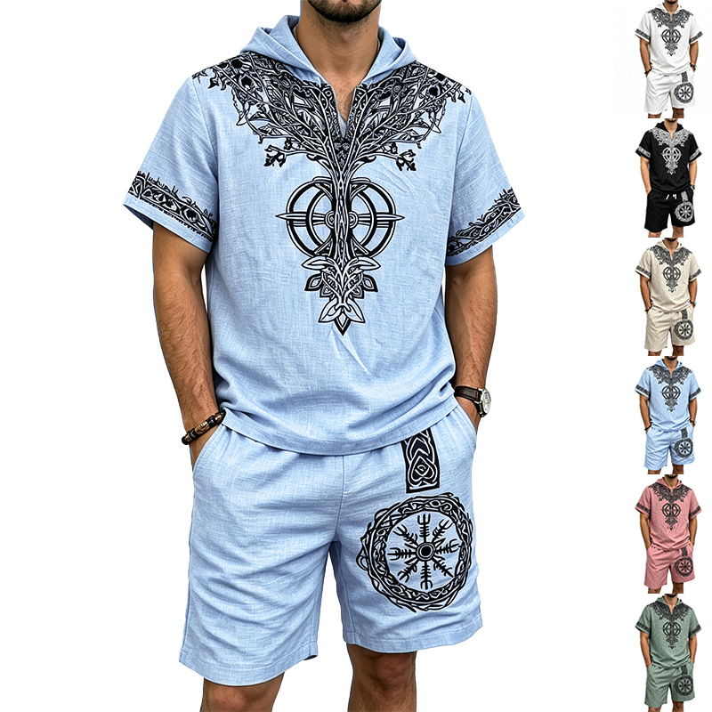 남성 린넨룩 바이킹 트리 프린트 하프 집업 후드 반팔  - Linen Shorts Men 리뷰 및 가격