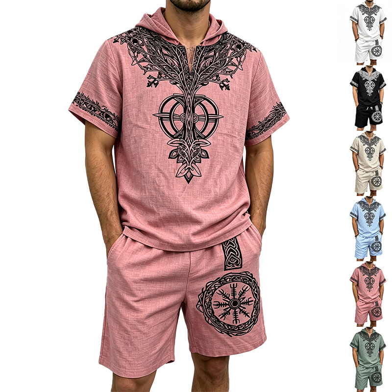 남성 린넨룩 바이킹 트리 프린트 하프 집업 후드 반팔  - Linen Shorts Men 리뷰 및 가격