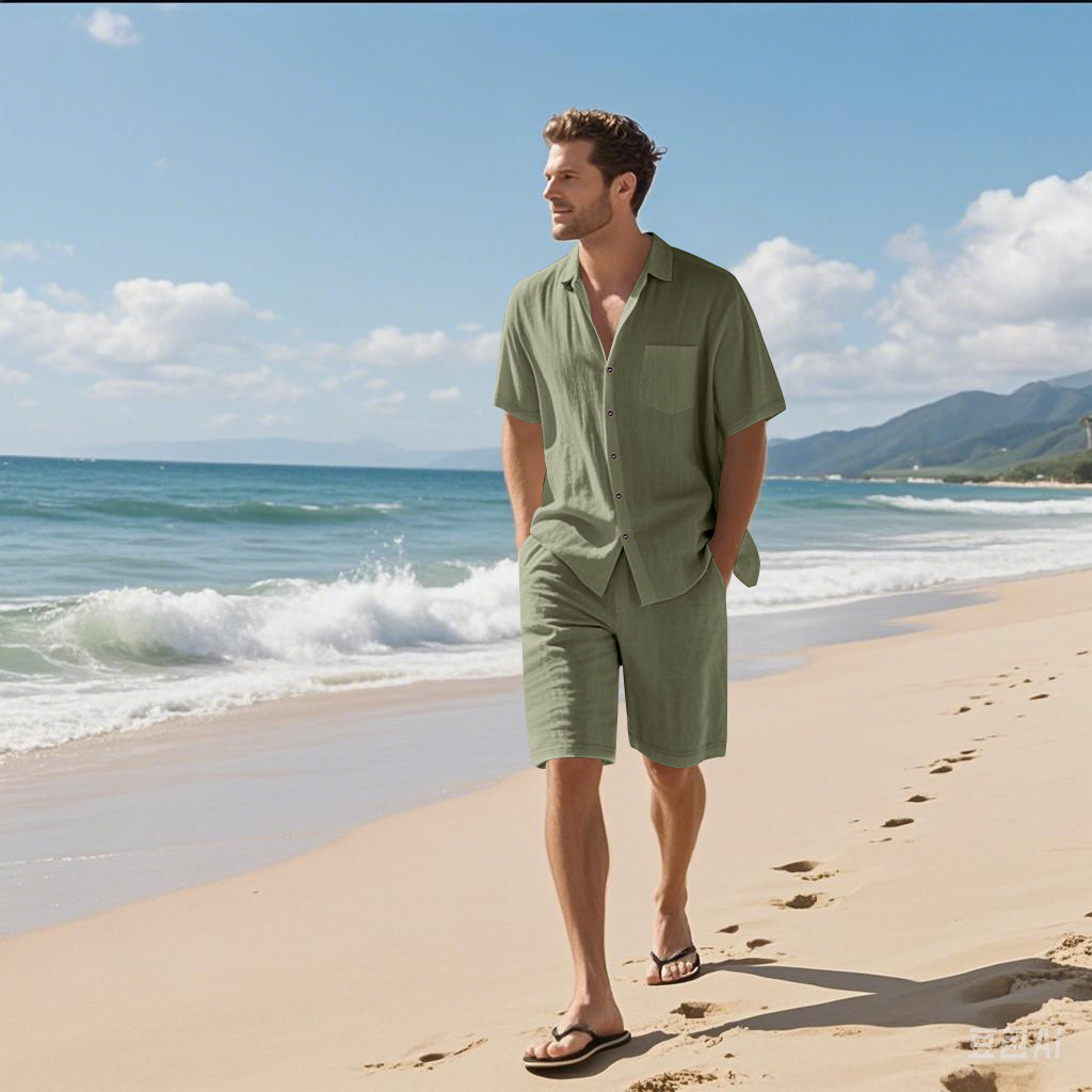 남성용 린넨 질감 투피스 세트, 칼라가 있는 반팔 셔츠 - Linen Shorts Men 리뷰 및 가격